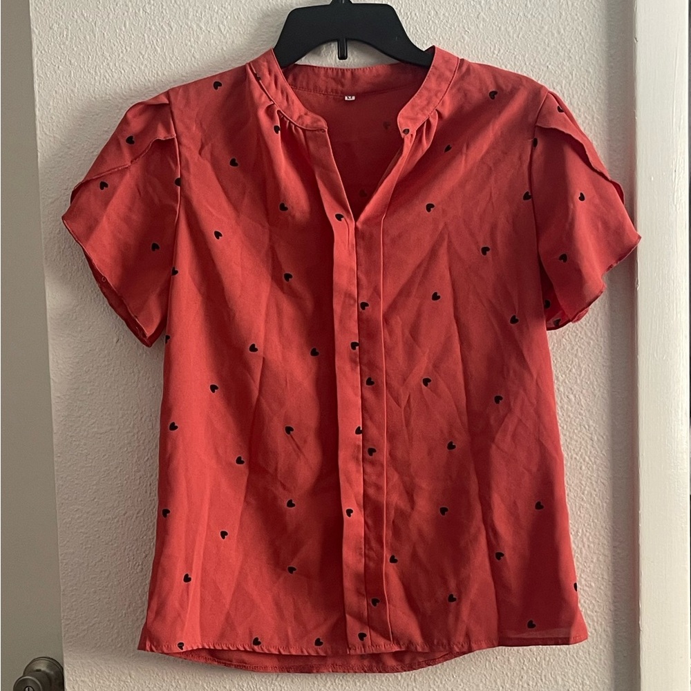 Red Blouse with Black Heart Pattern